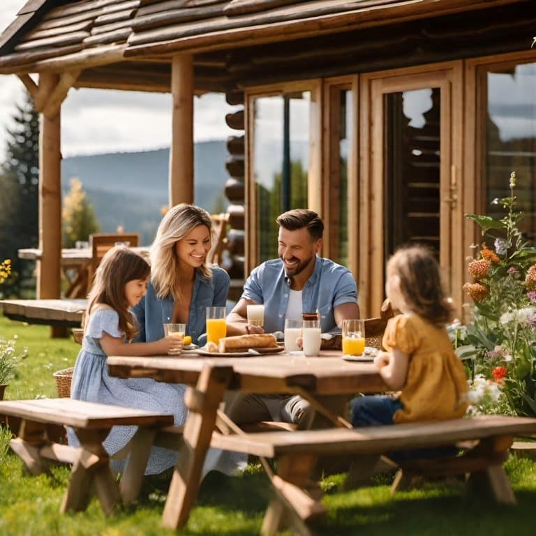 Familie-vor-einem-holzhaus