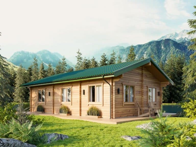 3D-Darstellung einer Brandenburger Blockhütte in den Bergen.