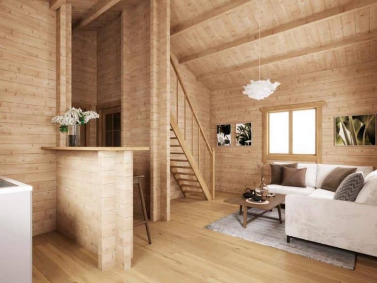 Eine 3D-Darstellung eines Blockbohlen-Blockhauses in Thüringen.