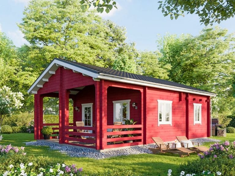 Ein kleines Ferienhaus inmitten einer grünen Wiese in der Nähe von Berlin.