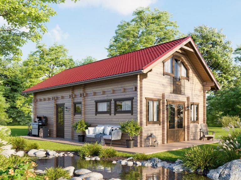 Ein gemütliches Ferienhaus mit rotem Dach und Teich.