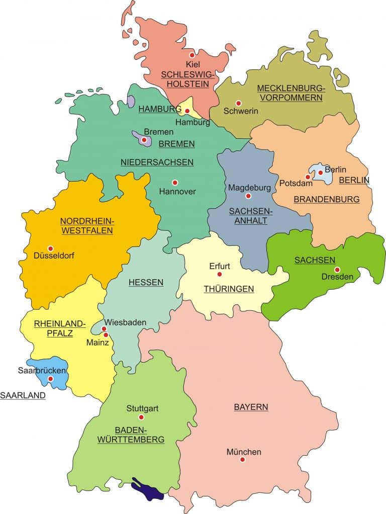 Eine Karte von Deutschland mit den wichtigsten Städten und Bundesländern.
