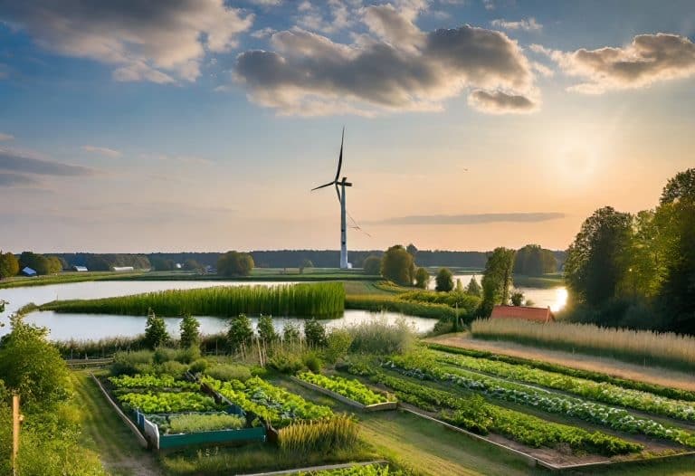 Eine Brandenburger Windkraftanlage, elegant inmitten eines üppigen Gemüsegartens platziert.
