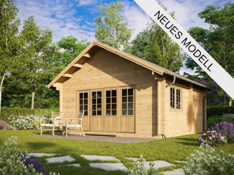 Eine 3D-Darstellung einer Blockhütte in einem Garten.