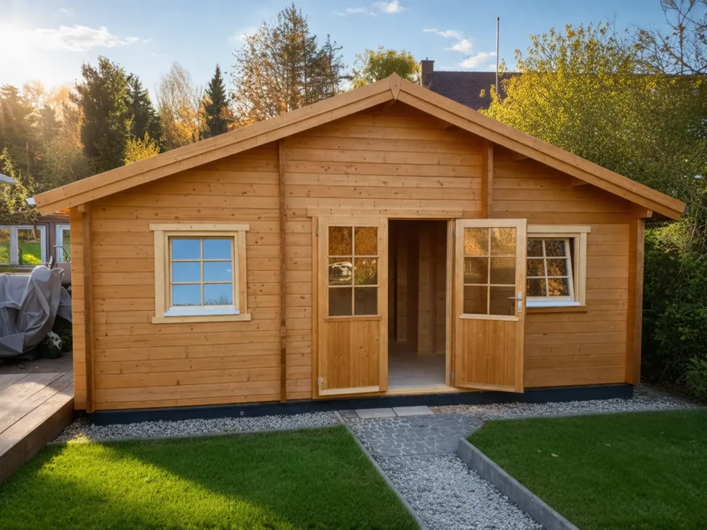 Helles Gartenhaus aus Holz mit offener Doppeltür im Abendlicht